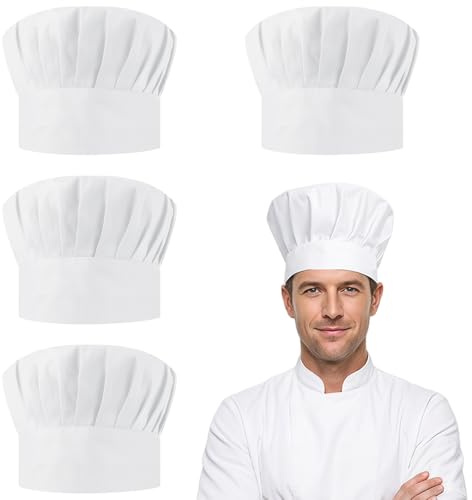Dexpally 4 Piezas Gorros de Cocina Unisex, Gorro Cocina Austable, Gorro Cocinero Poliéster, para Restaurantes, Hoteles, Cocinas Caseras, Bares y Más - Blanco