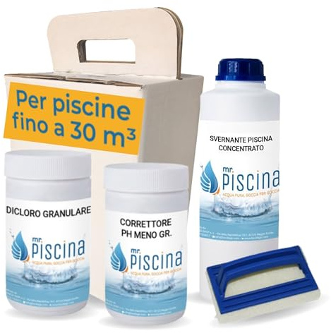 MR PISCINA Kit Svernamento Professionale per Piscina, Set Completo Chiusura Invernale con Svernante, Dicloro Shock, pH Meno e Accessori, Valigetta Salvaspazio, per Piscine fino a 30 m³