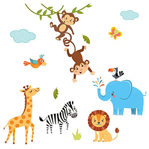 Little Deco Wandaufkleber Kinderzimmer Deko Jungen Dschungeltiere I 2 A4 Bögen I Wandtattoo Wandsticker Babyzimmer Elefant Tiere Dschungel Affen DL214-3
