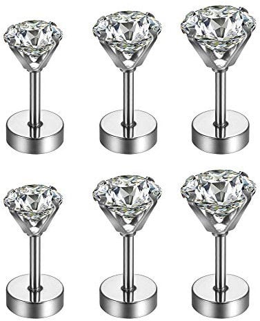 3 Pairs Jewelry Stainless Steel Round Clear Cubic Zirconia Stud Earring 3~5MM Silver (1038_Silver)