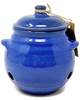 Verano Spanish Ceramics Selena Glaze Hand Dipped Garlic Storage Jar Pot with Lid - Decorative Home Décor Kitchen Restaurant Café Dining Counter Top Food Round Cannister Keeper - 15cm Blue