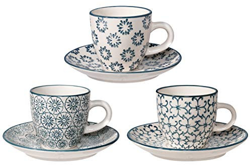 Bloomingville Tasses à Expresso & sous-Tasses Kristina - Couleur C: Ø 6 x H 5,5 cm, S: Ø 11,5 cm, Bleu, Céramique, Lot de 3, Capacité 80 ML