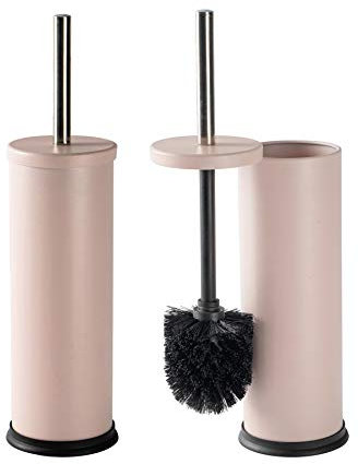 Harbour Housewares Toilet Brush and Holders - Matte Pink - Pack of 2 - Round Toilet Bowl Brush & Holder Stainless Steel Bathroom Deep Cleaning Scrub