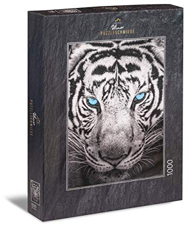 Ulmer Puzzleschmiede - Puzzle „Der Jäger“– Klassisches 1000 Teile Puzzle – Puzzlemotiv eines majestätischen Tiger in Nahaufnahme