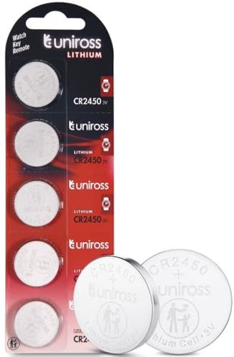 Uniross CR2450 Lithium 3V Coin Cell (5-Pack) High Performance for Watches, Car Keys, Remotes, Smartwatches, Medical Devices. 5 year shelf life.