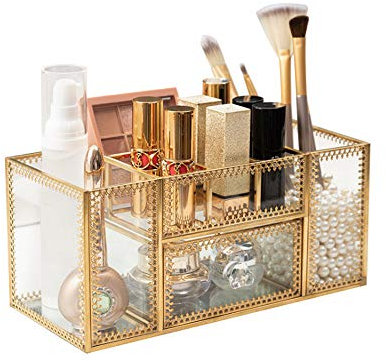 Goid-A23 Organiseur de maquillage en verre – Support doré pour pinceaux de maquillage – Rangement pour rouge à lèvres, superbe organisateur de bijoux, pour chambre, commode, comptoir