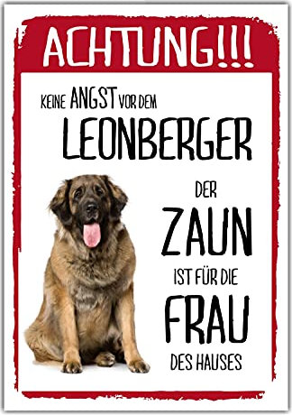 Leonberger Dog Schild Achtung Zaun Frau Spruch Türschild Hundeschild Warnschild Geschenkidee lustiger Spruch Hundemotiv Aluminium Wetterfestes Hundeschild