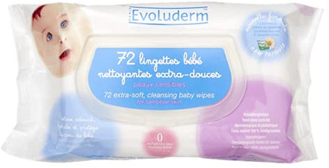 EVOLUDERM - 72 Lingettes Bébé Nettoyantes Extra-Douces - 97% d'Origine Naturelle - Sans Parfum
