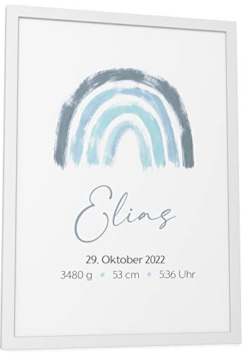 Papierschmiede® Geburtsposter, Name & Geburtsdaten personalisiert, DIN A4 (21x30 cm) Rahmen wählbar, Geburtsposter, Geburtsanzeige, Baby Geschenk Bild Geburt Jungen Mädchen - Regenbogen blau