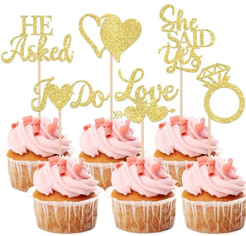 Cupcake-Topper mit Aufschrift He Asked She Said Yes, glitzernd, Herzform, I do, Cupcake-Picks, für Hochzeit, Verlobung, Brautparty, Party, Kuchendekorationen, 36 Stück, goldfarben