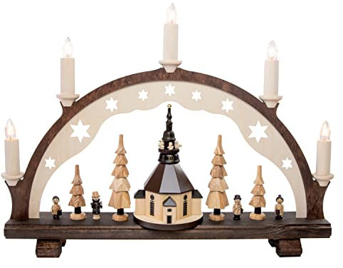 Rudolphs Schatzkiste Schwibbogen Seiffener Dorf mit Kirche EL. Beleuchtet BxHxT 42x31x7cm NEU Lichterbogen Fensterbogen Spitzbogen Erzgebirge Weihnachten Bergbau Bergmann Licht Holz Dekoration