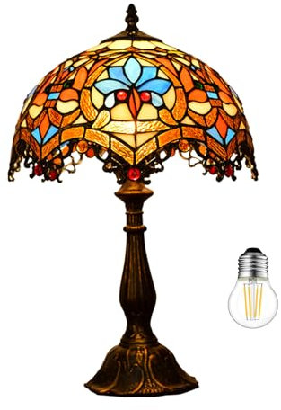 Kinbolas Tischlampe im Tiffany Stil,Vintage Nachttischlampe Schlafzimmer Deko Lampe,Jugendstil Tischleuchte,buntglas lampenschirm 30cm / 12 Zoll,Harz-Basis Mit kabel und E27 LED Birne