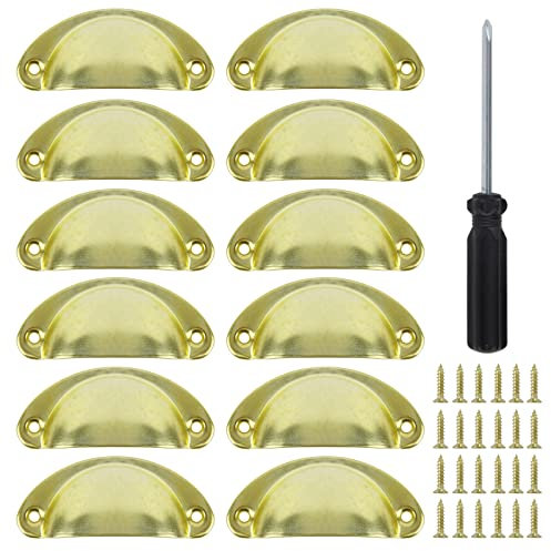 12 Pcs Vintage Shell Cup Drawer Handles Antique Brass Pull Handles Semi Circle Retro Cupboard Handles Brass Half Moon Cabinet Handle for Kitchen Wardrobe Cabinet Cupboard Chest Closet Dresser Door