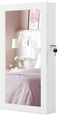 SONGMICS Wall-Mounted Jewellery Cabinet, Mirror with Storage, Lockable Mirrored Cabinet, Jewellery Organiser with Mirror, Space-Saving, White Surface, Greige Lining JJC051W02