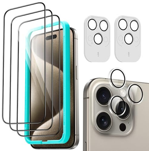 ESR for iPhone 15 Pro Max Screen Protector Set, 3 Tempered-Glass Screen Protectors and 2 Sets Individual Lens Protectors, 2.5D Curved Edges, Full-Coverage Military-Grade Protection, Scratch Resistant