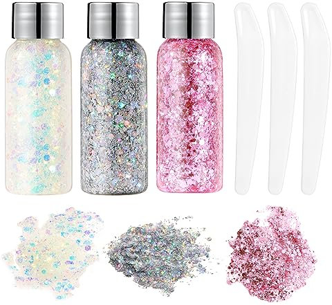 URAQT 3PCS Paillettes Visage, Glitter Body Gel,Paillettes Corps, Paillette Gel Liquide, Mermaid Sequins Body Glitter,pour Festival Fête Noël Pâques Maquillage Décoration(Blanc + Argent + Rose)