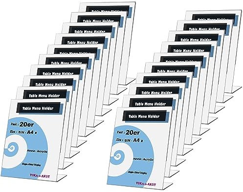 TUKA 20X A4 Hoch Acryl Anzeige-Ständer Plakataufsteller, Tischaufsteller Schräg L-Ständer, Prospektständer Werbeaufsteller Flyer-Display Speisekartenhalter aus 2,5mm Acryl Glaskla, TKD8200-A4-20x
