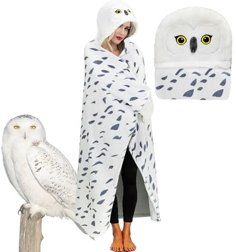 LSESEN Tragbarer Decken-Hoodie, Schneeeule-Kapuzendecke für Erwachsene, Umhang mit Handschuhen, superweiches Flanell-Eulen-Geschenk für Frauen, Erwachsene und Kinder (Schnee-Eule)