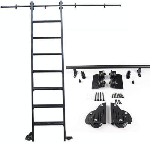Rollbare Bibliotheksleiter zum Aufhängen, 1 m - 6 m, für Zuhause, Dachboden, Büro, Schiebeleiter-Set mit Bodenrollenrädern (ohne Leiter), Schwarz (Größe: 200 cm Schienenset)