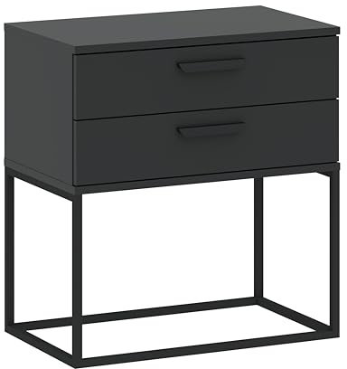 Oggi Moderne Nachttisch Cyria mit 2 Schubladen in Anthrazit, 16 mm Laminat, metallisches Gestell, kugelgelagerte Führung