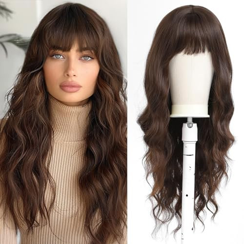 UEVIES Lange Lockige Braun Perücken mit Pony Perücke für Frauen Perücke Synthetisches Haar Perücke für tägliche Party Cosplay Verwenden-26 Zoll