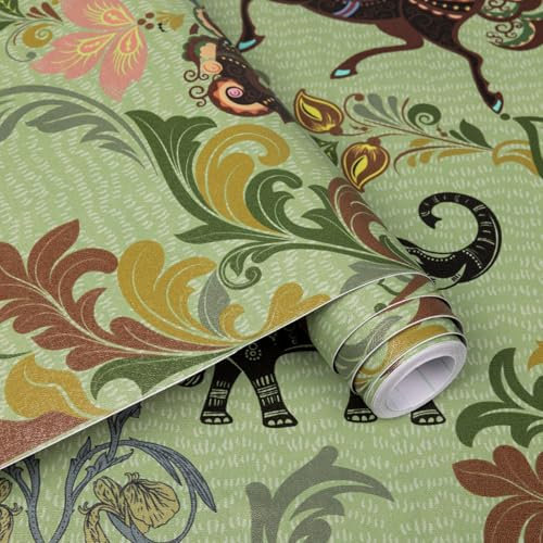 Alened Sticky Back Plastic Roll 44x300cm Green Floral Animal Peel and Stick Wallpaper Self Adhesive Decorative Living Room Bedroom Vinyl Wrap Waterproof Furniture Stickers