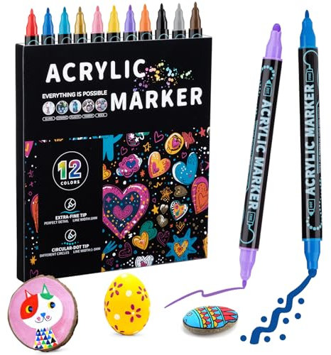 Mzh Art Lot de 12 marqueurs acryliques à double pointe pour bois, peinture sur roche, verre, toile, pierre, loisirs créatifs
