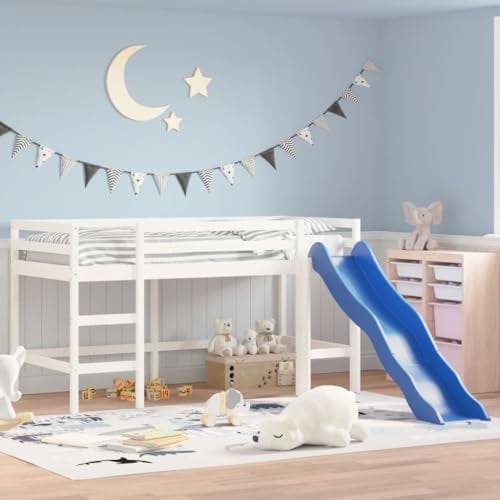 vidaXL Kids' Loft Bed with Slide Bunk White - Solid Pine Wood Mid Sleeper Bed for Kids' Rooms - 80x200 cm