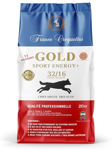 Gold Sport Energy+ 32/16 Low Grain Trockenfutter für Very Active Gold Massiv Adult Dogs, 20 kg France Croquettes