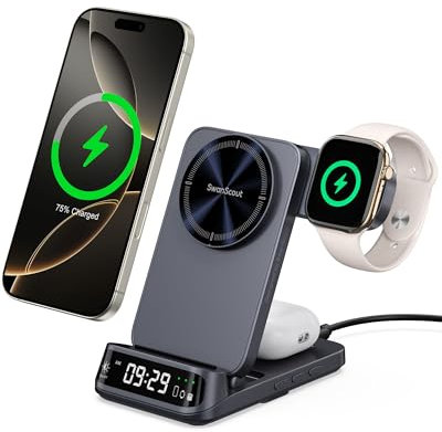 Wireless Charging Stand Compatible with MagSafe, SwanScout 708M Foldable 3 in 1 Magnetic Charging Station for iPhone 16 15 14 13 12 Pro Max, Travel Charger for Apple Watch, AirPods (No Adapter)