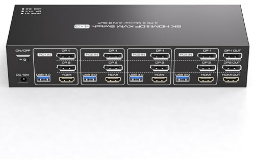 TJCXELE 8K60Hz 2 Displayport +HDMI KVM-Switch 4 PC 3 Monitore USB 3.0 Triple Monitor KVM-Switches für Vier PC Teilen Sie Triple Monitore und 4 USB Geräte mit Fernbedienung und 4xUSB-Kabel