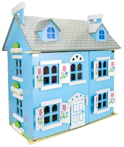 Leomark Alpine Puppenhaus aus Holz – Großes Puppen-Villa für Kinder mit LED-Beleuchtung, Möbeln, Puppen, 2 Etagen, Terrasse und Blumenmuster, Blau