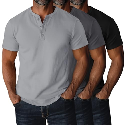 Ficerd Confezione da 3 Maglie Henley Uomo | Taglia Grande E Alta, Maniche Corte, Taglia Grande Con Bottoni, Top Polo, Ampio, Oversize, Estivo, Casual, Sportivo