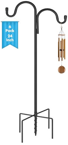Vivantia 6 Pack 24 Inch Adjustable Double Shepherds Hooks for Outdoor 2 Sided Bird Feeder Poles with 5 Prong Base Heavy Duty Metal Garden Hook for Hanging Flower Basket Lantern Plants Bird Nests Decor