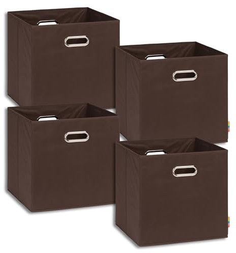 Storanda | 4er Set Aufbewahrungsbox 33x33x32.5 cm | Breite Griffe auf zwei Seiten | Stabil & Faltbar | Regalbox für Würfelregal | Ideal für Zuhause & Kinderzimmer | Dunkelbraun