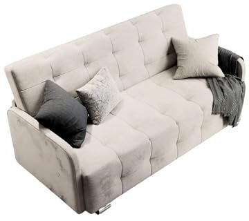 MOEBELPAKET PRIMA - Schlafsofa mit Bettkasten für Wohnzimmer 201 cm Breite, Schlafcouch, Wasserabweisender Stoffbezug, Farbe: Hellbeige