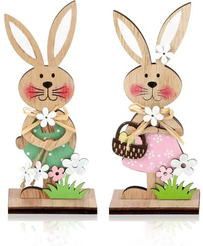 Huangzd Kaninchen Deko Aufsteller für Ostern, Osterdekoration aus Holz, Osterhase Deko aus Holz, Sterhasen-Paar mit Blume, Hase aus Holz Osterdeko zum Hinstellen für Innen Außen Desktop (A)