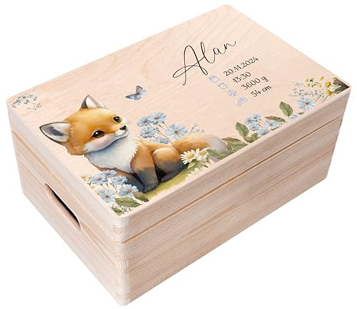 Creative Deco Erinnerungsbox Baby Personalisiert mit Namen Fuchs 30x20x14cm | Individuelle Erinnerungskiste Geschenk zur Geburt für Mädchen und Jungen | Holzkiste mit Deckel | Farbdruck