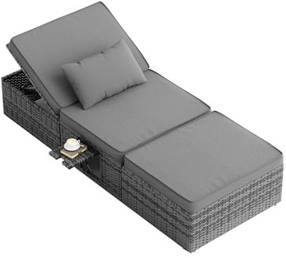 Amopatio Sonnenliege mit Klapptisch, Sonnenliegen Set – Wetterfest, 7 cm Auflagen, 200 kg Belastbarkeit – Liegestuhl Verstellbar Hochwertiges Rattan für Garten, Balkon & Terrasse, Grey