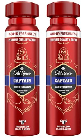Old Spice Captain Deodorant Body Spray For Men 150 ml, 48H Freshness, Invisible on Black & White, Pack of 2