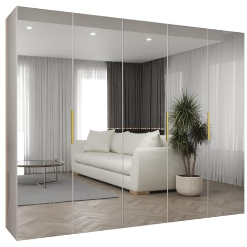 MEBLE KRYSPOL - Kleiderschrank mit Spiegel - Drehtürenschrank - Schrank 250x202x52cm - Garderobenschrank Schlafzimmer, Flur, Jugendzimmer - Farbe Weiß, Griff Gold - Marbella 3 250