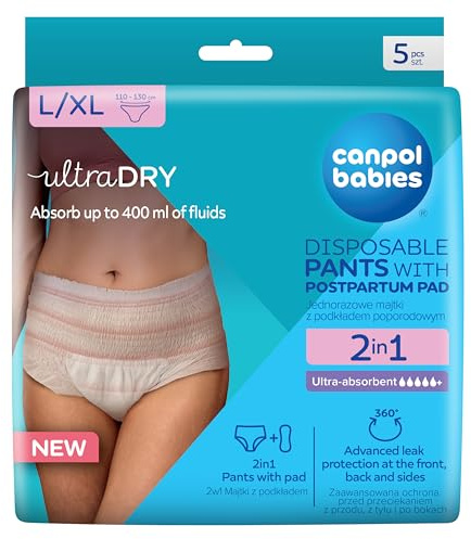 Canpol babies Einweg-Unterhose 2in1 mit postpartalen Grundierung 5 Stück, Ultrachonend, Hochstand, Leckschutz (L/XL)