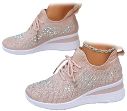 Chaussures de sport pour femme avec strass scintillants à talon compensé et lacets, baskets à plateforme avec strass et perles, confortables et élégantes, rose, 10 UK Wide
