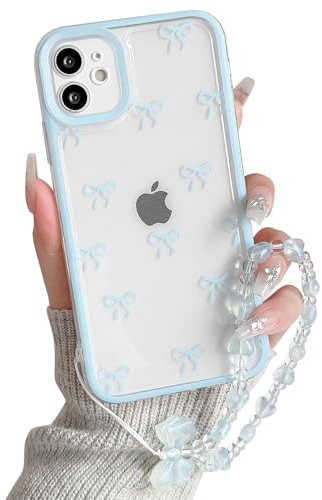 NITITOP Compatible with iPhone 12 Mini Case Cute Clear Blue Durable Ribbon Bowknot Pattern for Girls Women with Chain Wrist Strap Soft TPU Transparent Shockproof Protective Phone Cover - Blue