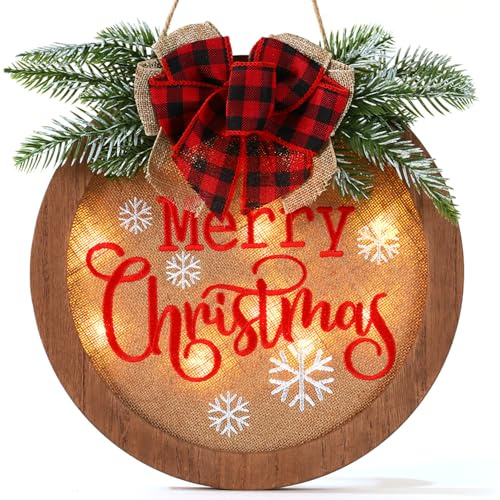 HOMCDALY Cartello di benvenuto natalizio per porta d'ingresso, ghirlanda invernale di buon Natale, decorazione per porta della fattoria, cartello in legno da appendere, decorazione natalizia (F-Xmas)