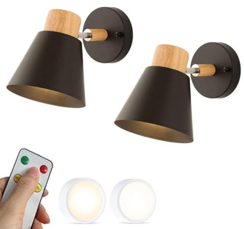 Wireless Wall Sconce Set of 2, Battery-Powered Wooden & Metal Lanterns with Remote Control, Rechargeable LED Bulbs for Bedroom Lighting