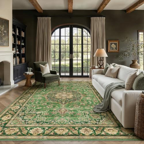 PureCozy Teppich Wohnzimmer 200x300cm Waschbarer Teppiche,Grün Gold | Weich Kurzflor Groß Carpet, Rutschfest, Leicht, Schlafzimmer, Esszimmer, Büro, Kinderzimmer