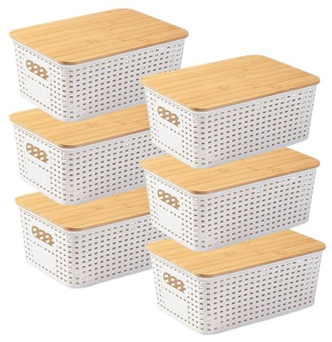 Sightday 6 Stück Aufbewahrungsbox Mit Bambus Deckel,5L Kunststoff Bad Organizer Klein Aufbewahrungskorb Mit Griff,Stapelbar Kisten Aufbewahrung Mit Deckel Für Küche Schlafzimmer Balkon Regale (Weiß)