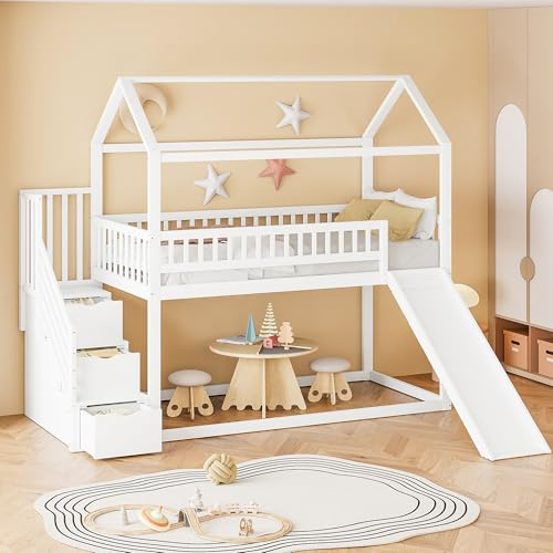 Mrwoo Kinderbett Etagenbett 90 × 200 cm, Hochbett mit Rutsche und Stauraumtreppe, Hausbett mit hohe Zaunkonstruktion und Lattenrost, Massivholzbettrahmen, Weiß (Ohne Matratze)