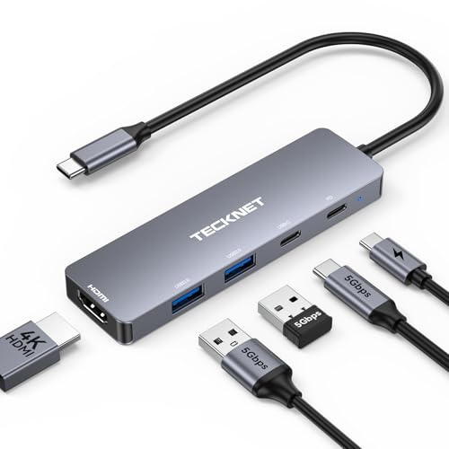 TECKNET Aluminium USB C Hub 5-in-1, 4K USB-C to HDMI, 5Gbps Data, 100W PD | 4K@60Hz Display, USB-C & USB-A 3.0 Data Ports, Compact Docking Station for MacBook, iPad, iPhone, Windows Laptops